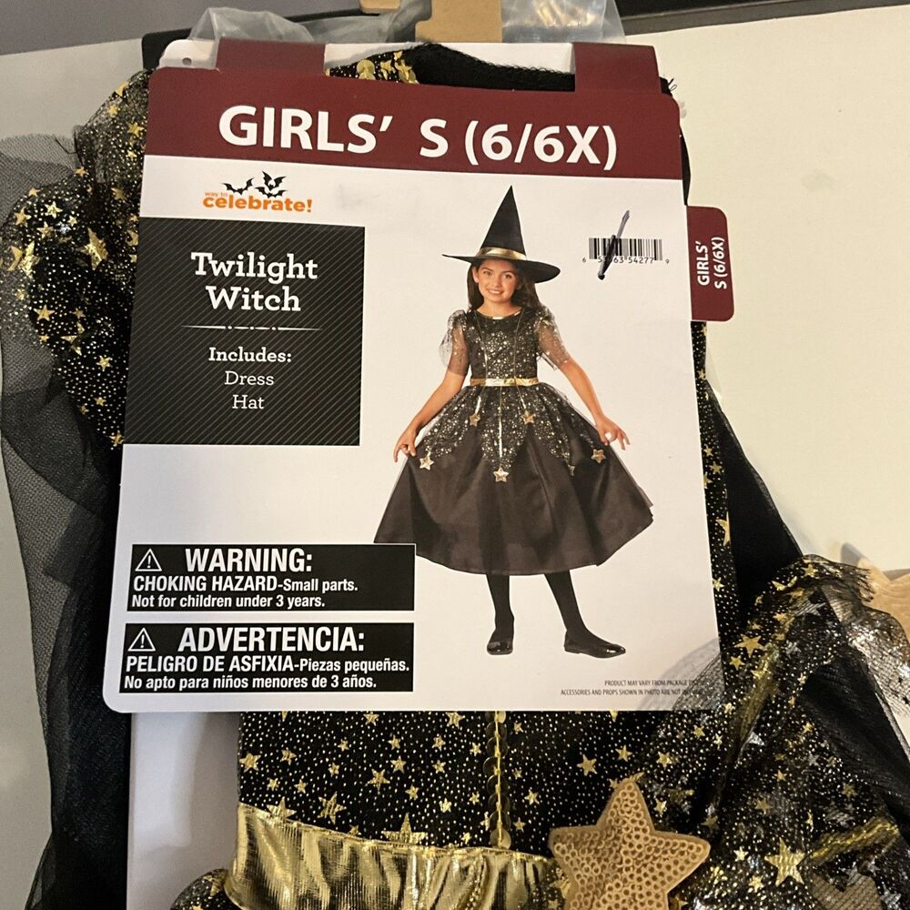 Celebrate! Girls Twilight Witch Costume Dress & Hat Glitter Black Gold Size 6